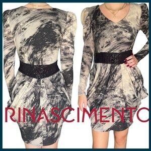 Rinascimento Grey/Black V-Neck Long Sleeve Puff Shoulder Mini Dress (XS)